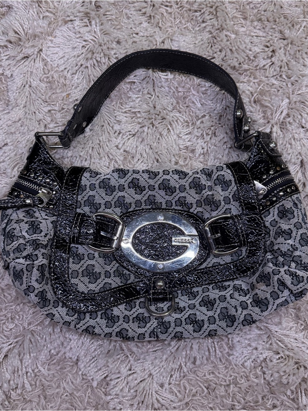 GUESS Monogram Hobo Shoulder Bag Black Gray Studded Big G Buckle Y2K Style